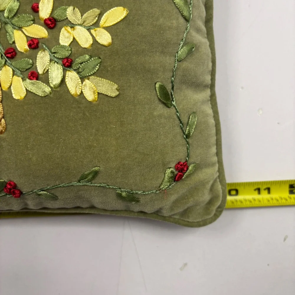 Vtg Christmas Tree Ribbon Embroidery Velvet Throw Pillow Sage Green Holiday